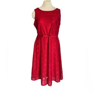 Danny and Nicole Red Lace Sleeveless Party Dress With Bow Belt